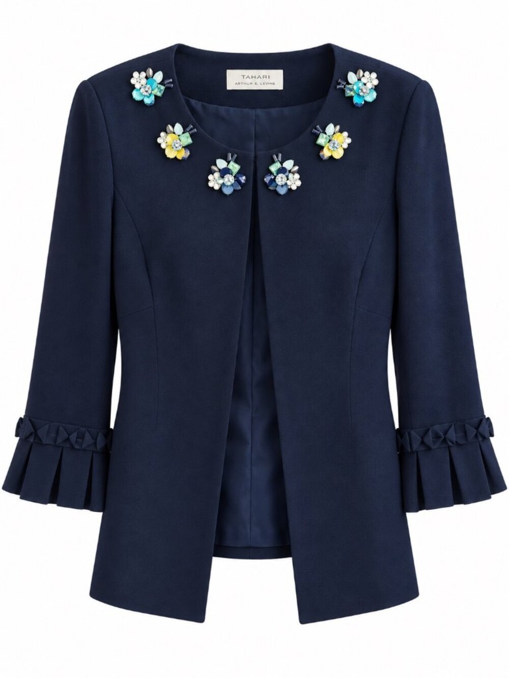 Tahari Arthur S. Levine Navy Embellished Open-Front Jacket With Pleated Sleeves